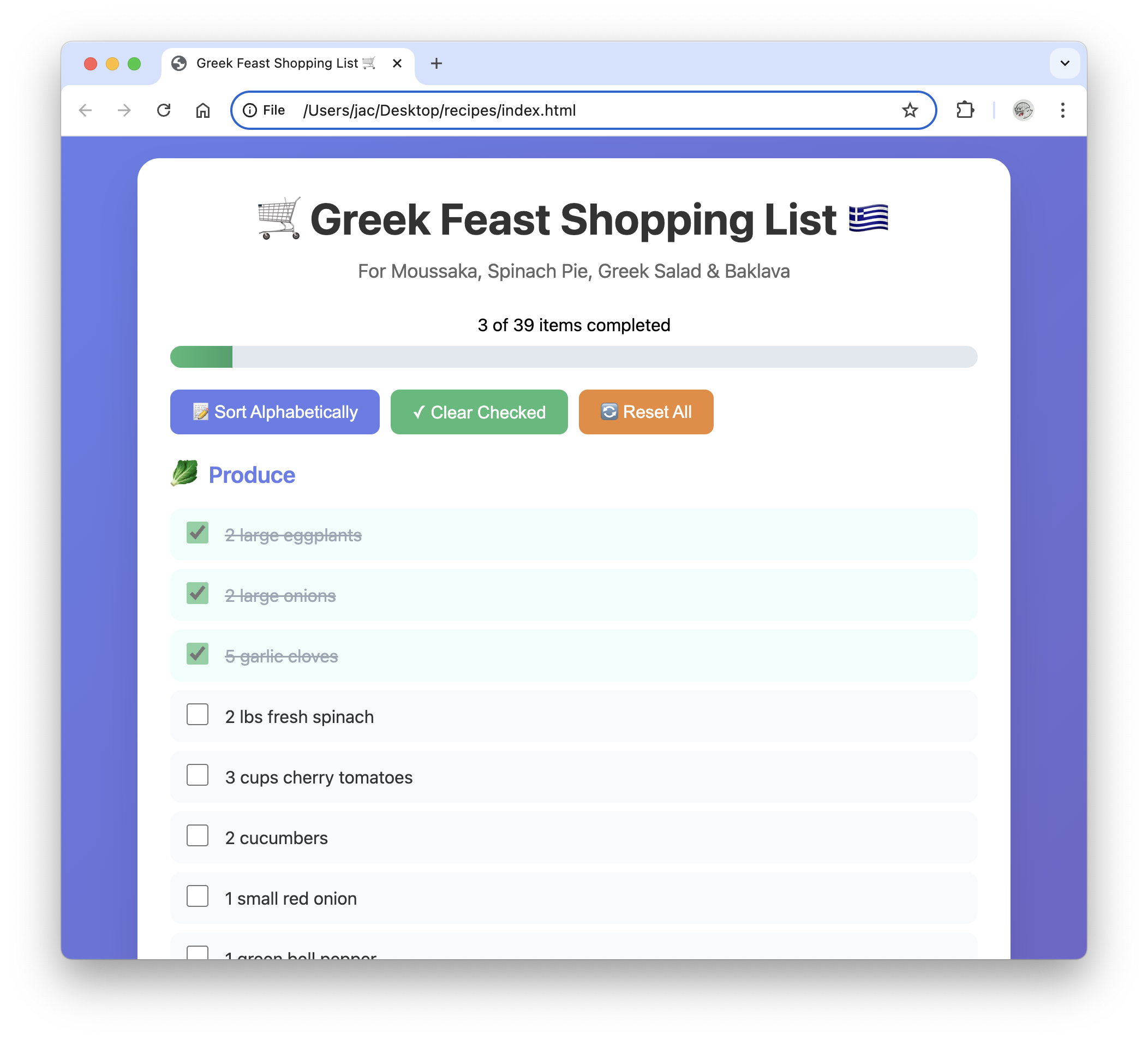 HTML shopping list example