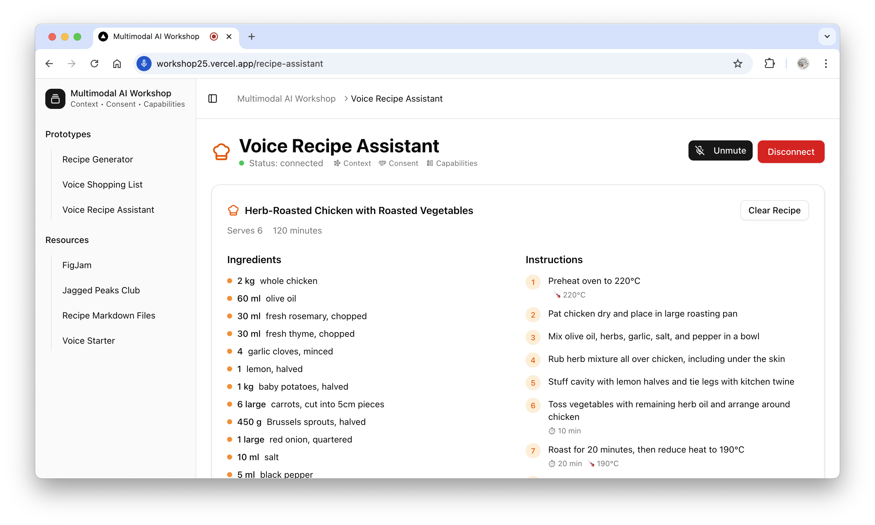 Real-time recipe assistant interface