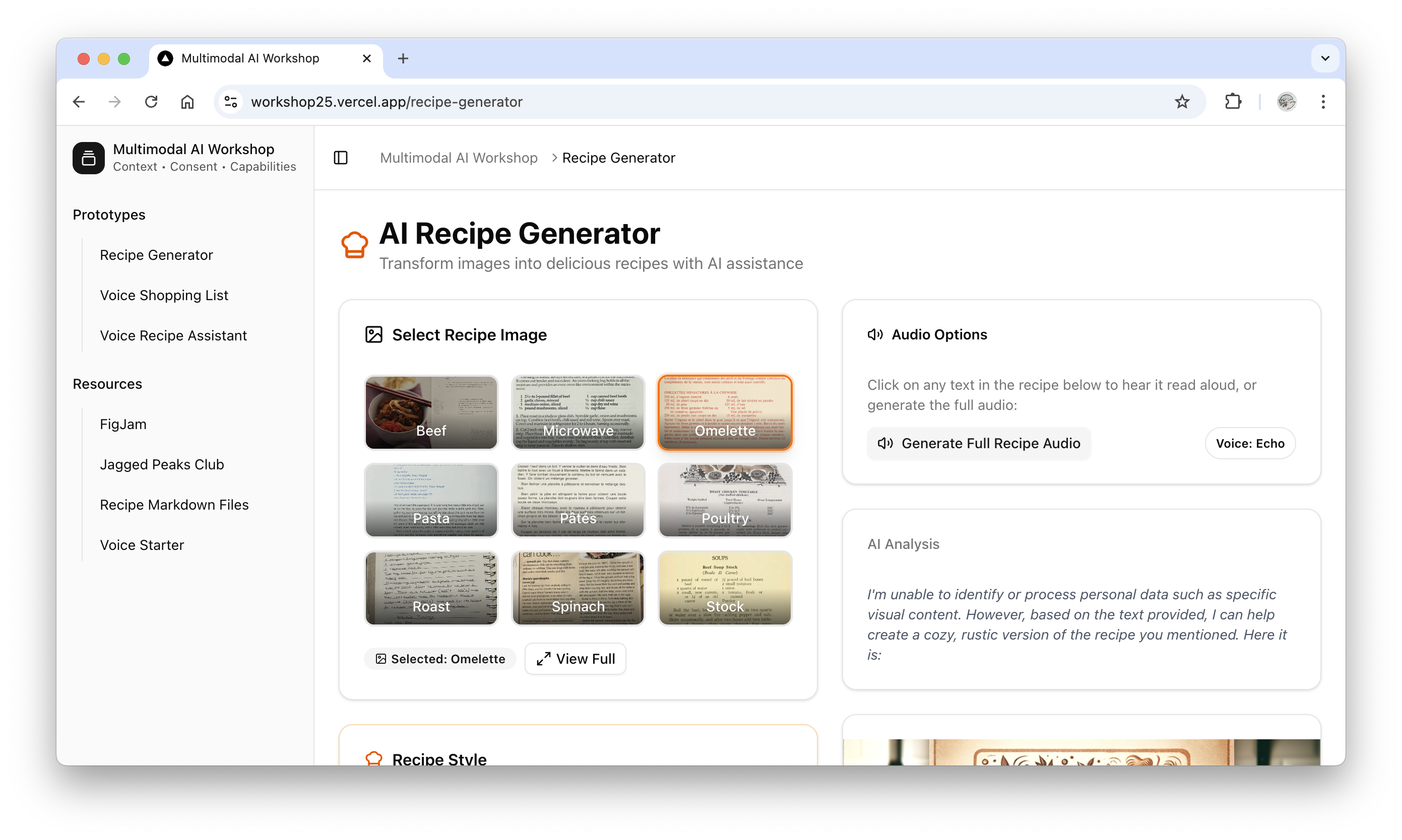 Recipe generator prototype interface