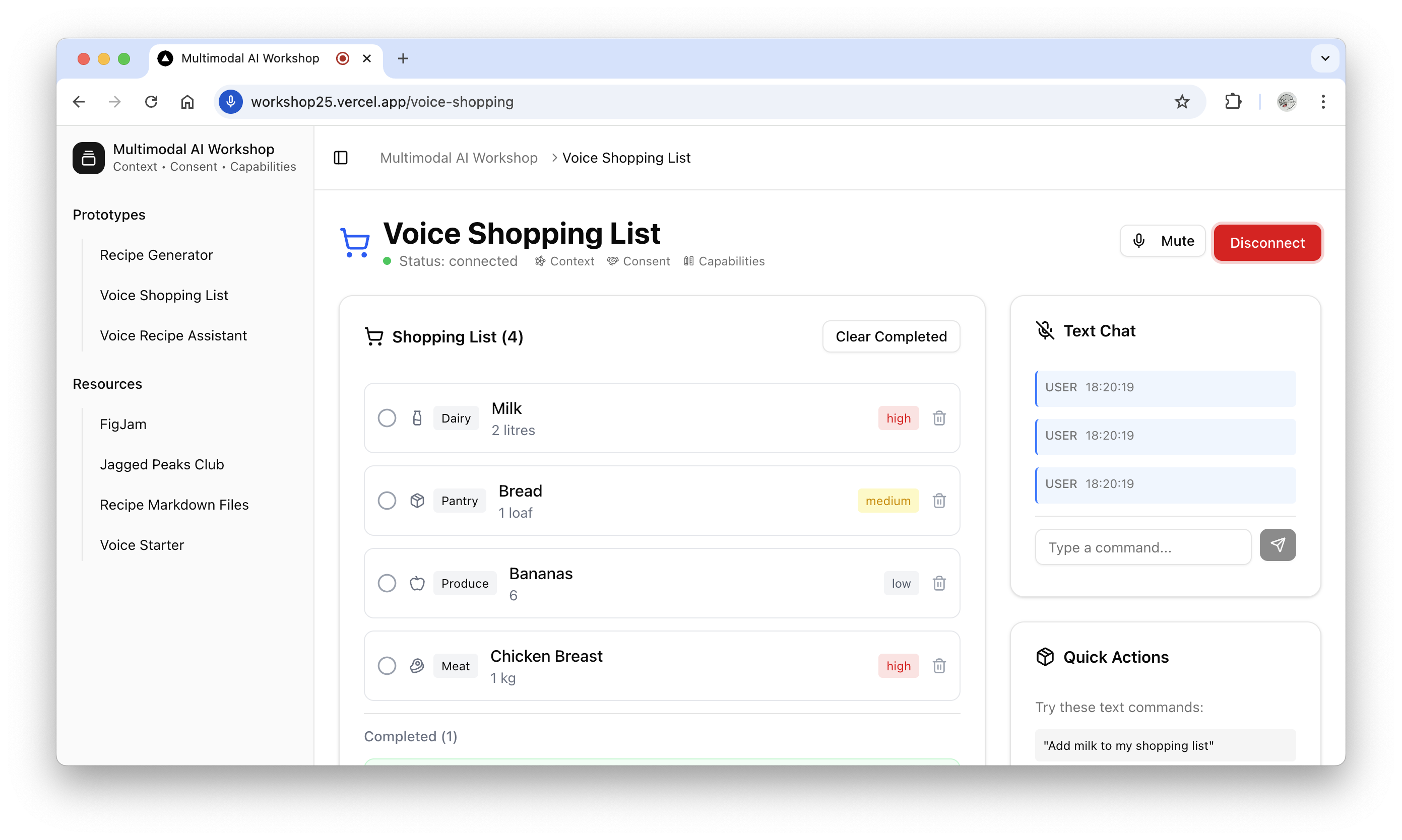 Voice shopping list interface